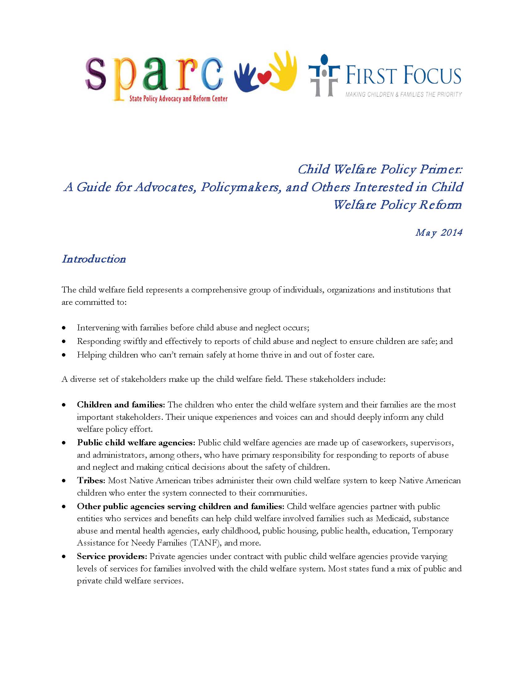 Child Welfare Policy Primer: A Guide for Advocates, Policymakers, and Others Interested in Child Welfare Policy Reform